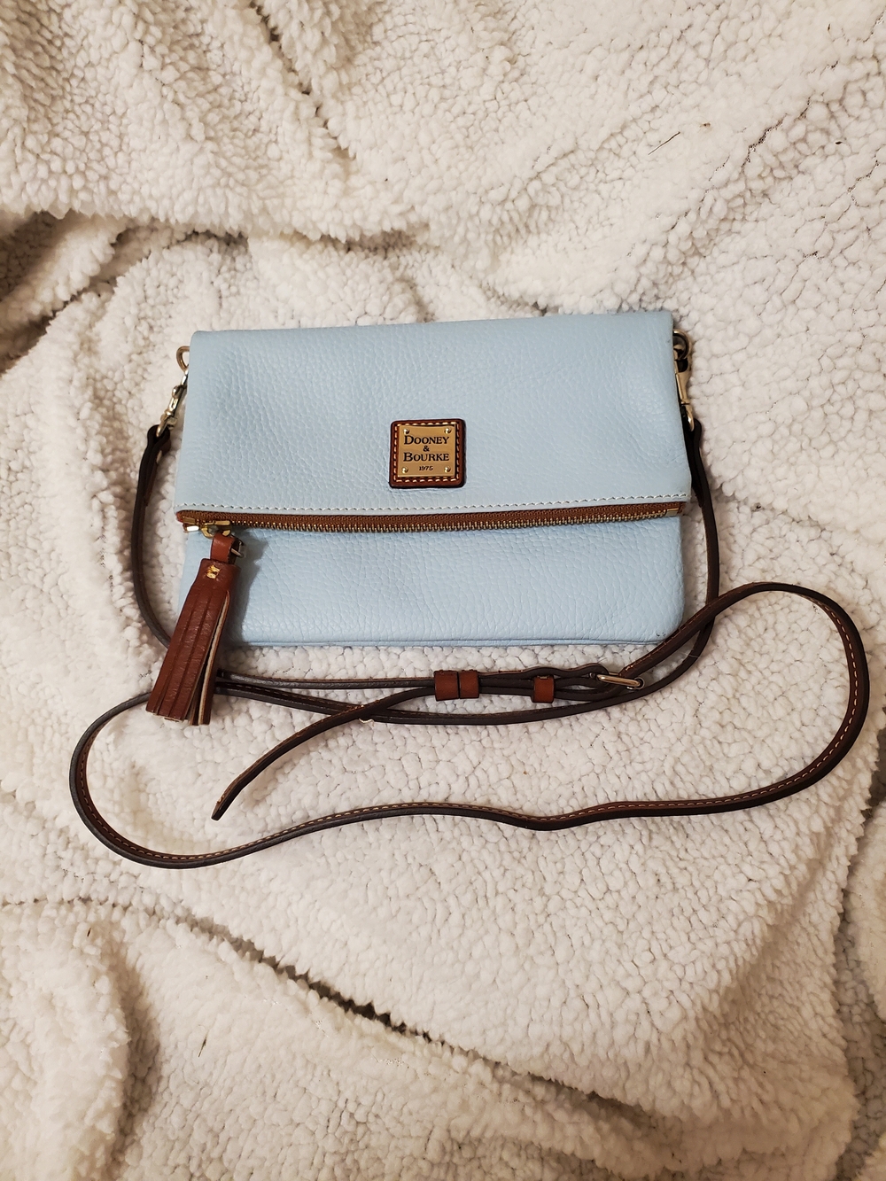 Dooney & Bourke Pale Blue Leather Crossbody with Brown Strap and Tassel